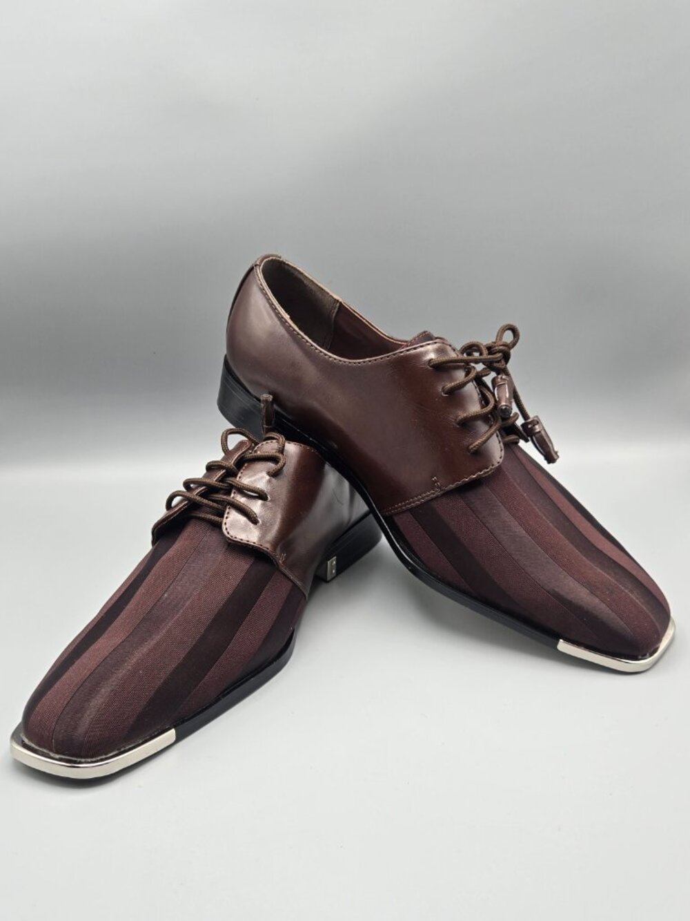 Hugo Vitelli Men's Brown Striped Dress Shoes Size 11 Square Toe Metal Tip Oxford - Picture 13 of 15